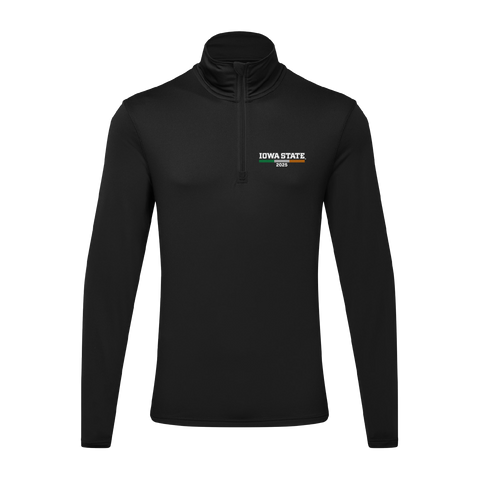 The College Football Ireland Store Click & Collect Iowa State Black Mens 1/4 zip pullover features IOWA STATE 2025 embroidered in white and gold on the left chest, displayed against a plain white background.