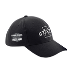 The Click & Collect Iowa State Black Cap from College Football Ireland Store features the Iowa State logo with a large “I” and “STATE” on the front, plus “Iowa State. Dublin Ireland” with a shamrock graphic on the side.