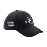The Click & Collect Iowa State Black Cap from College Football Ireland Store features the Iowa State logo with a large “I” and “STATE” on the front, plus “Iowa State. Dublin Ireland” with a shamrock graphic on the side.