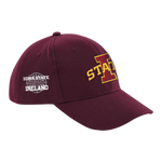 The Click & Collect Iowa State Cardinal Cap by College Football Ireland Store features a maroon design with a bold gold and red I STATE logo on the front and Iowa State Dublin Ireland plus a basketball graphic on the side.