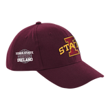 The Click & Collect Iowa State Cardinal Cap by College Football Ireland Store features a maroon design with a bold gold and red I STATE logo on the front and Iowa State Dublin Ireland plus a basketball graphic on the side.