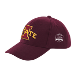 The Click & Collect Iowa State Cardinal Cap by College Football Ireland Store is a maroon cap with the Iowa State University logo in yellow and white on the front and a white Aer Lingus College Football Classic 2025 patch on the side.