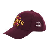 The Click & Collect Iowa State Cardinal Cap by College Football Ireland Store is a maroon cap with the Iowa State University logo in yellow and white on the front and a white Aer Lingus College Football Classic 2025 patch on the side.