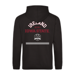 The Click & Collect Iowa State Black Hoodie Kids by College Football Ireland Store features IRELAND 2025 IOWA STATE in white and red on the back, a stylized Aer Lingus College Football Classic logo, and a reflective horizontal strip below.