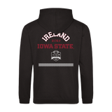 The Click & Collect Iowa State Black Hoodie Kids by College Football Ireland Store features IRELAND 2025 IOWA STATE in white and red on the back, a stylized Aer Lingus College Football Classic logo, and a reflective horizontal strip below.