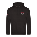 The Click & Collect Iowa State Black Hoodie Kids from College Football Ireland Store features an American flag on the left sleeve, a Dublin Ireland logo with red and white text on the left chest, front kangaroo pocket, and drawstrings.