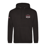 The Click & Collect Iowa State Black Hoodie Kids from College Football Ireland Store features an American flag on the left sleeve, a Dublin Ireland logo with red and white text on the left chest, front kangaroo pocket, and drawstrings.