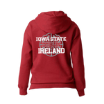 The Click & Collect Iowa State Red Hoodie by College Football Ireland Store features white Iowa State, Dublin, Ireland text and a subtle Celtic cross design on the back.
