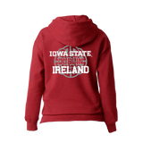 The Click & Collect Iowa State Red Hoodie by College Football Ireland Store features white Iowa State, Dublin, Ireland text and a subtle Celtic cross design on the back.