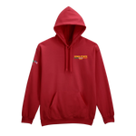 The Click & Collect Iowa State Red Hoodie from College Football Ireland Store features a front pocket, yellow IOWA STATE 2024 print on the left chest, and a small multicolored logo on the right sleeve.