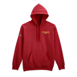 The Click & Collect Iowa State Red Hoodie from College Football Ireland Store features a front pocket, yellow IOWA STATE 2024 print on the left chest, and a small multicolored logo on the right sleeve.