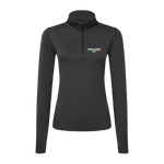 The Click & Collect Iowa State Black Womens 1/4 zip from College Football Ireland Store features long sleeves and Iowa State University and Extension and Outreach embroidered in white and green on the left chest.