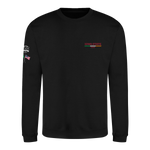 The College Football Ireland Stores Click & Collect Iowa State Black Sweatshirt features IOWA STATE CYCLONES in red and yellow on the left chest, plus a patch with an emblem and American flag on the sleeve. Classic, simple design.