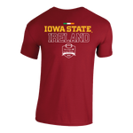 The Click & Collect Iowa State Cardinal T-shirt from College Football Ireland Store features IOWA STATE in yellow above IRELAND in a white outline, a small Irish flag on top, and the Aer Lingus College Football Classic 2025 logo below.