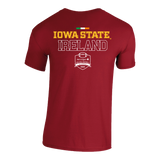 The Click & Collect Iowa State Cardinal T-shirt from College Football Ireland Store features IOWA STATE in yellow above IRELAND in a white outline, a small Irish flag on top, and the Aer Lingus College Football Classic 2025 logo below.