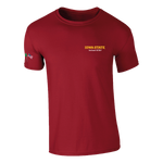 The College Football Ireland Store’s Click & Collect Iowa State Cardinal T-shirt has short sleeves, yellow “Iowa State” and white “Initiate 2022” text on the left chest, plus a small multicolored emblem on the left sleeve.