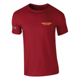 The College Football Ireland Store’s Click & Collect Iowa State Cardinal T-shirt has short sleeves, yellow “Iowa State” and white “Initiate 2022” text on the left chest, plus a small multicolored emblem on the left sleeve.