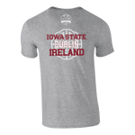 The Click & Collect Iowa State Grey T-shirt from College Football Ireland Store features Iowa State, Dublin, Ireland in red and white on the back, a circular Celtic design, and a small Aer Lingus College Football Classic logo.