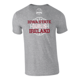 The Click & Collect Iowa State Grey T-shirt from College Football Ireland Store features Iowa State, Dublin, Ireland in red and white on the back, a circular Celtic design, and a small Aer Lingus College Football Classic logo.