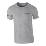 The Click & Collect Iowa State Grey T-shirt by College Football Ireland Store features IOWA STATE 2025 in red and yellow on the left chest and a small American flag on the left sleeve.