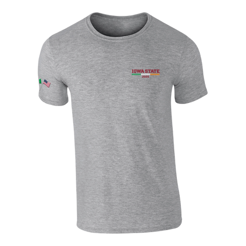 The Click & Collect Iowa State Grey T-shirt by College Football Ireland Store features IOWA STATE 2025 in red and yellow on the left chest and a small American flag on the left sleeve.