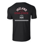 The Click & Collect Iowa State Black T-shirt by College Football Ireland Store features bold red and white IRELAND 2025 and IOWA STATE text, a football game logo, and a horizontal reflective stripe on the back.