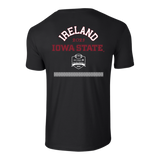 The Click & Collect Iowa State Black T-shirt by College Football Ireland Store features bold red and white IRELAND 2025 and IOWA STATE text, a football game logo, and a horizontal reflective stripe on the back.