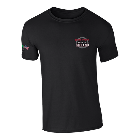 The College Football Ireland Store’s Click & Collect Iowa State Black T-shirt features a small circular Dublin Ireland logo on the left chest and a flag patch on the left sleeve.