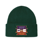 The Click & Collect Joint Team Beanie from College Football Ireland Store is a dark green knit hat featuring K-State Wildcats and Iowa State Cyclones logos, celebrating their 2025 game in Dublin, Ireland.