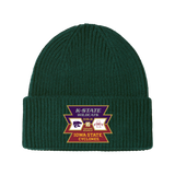 The Click & Collect Joint Team Beanie from College Football Ireland Store is a dark green knit hat featuring K-State Wildcats and Iowa State Cyclones logos, celebrating their 2025 game in Dublin, Ireland.