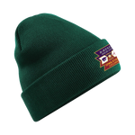The Click & Collect Joint Team Beanie by College Football Ireland Store is a dark green knit beanie with embroidered K-State Wildcats and Iowa State Cyclones patches on the front cuff.