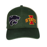 The Click & Collect Joint Team Cap from College Football Ireland Store is a green baseball cap with the Kansas State Wildcats logo on the left and the Iowa State Cyclones I STATE logo on the right, both on the front panel.