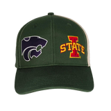 The Click & Collect Joint Team Cap from College Football Ireland Store is a green baseball cap with the Kansas State Wildcats logo on the left and the Iowa State Cyclones I STATE logo on the right, both on the front panel.