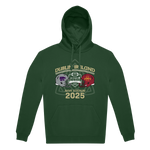 The Click & Collect Joint Team Hoodie by College Football Ireland Store is a dark green hoodie with “Dublin, Ireland,” football helmets, a stadium graphic, Aviva Stadium, Aer Lingus College Football Classic, and 2025 in yellow and white on the front.