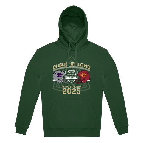 The Click & Collect Joint Team Hoodie by College Football Ireland Store is a dark green hoodie with “Dublin, Ireland,” football helmets, a stadium graphic, Aviva Stadium, Aer Lingus College Football Classic, and 2025 in yellow and white on the front.