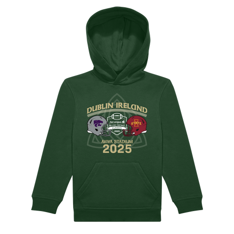 The Click & Collect Joint Team Kids Hoodie from College Football Ireland Store is a green hoodie with two football helmets, Dublin Ireland, Aviva Stadium, and 2025 graphic on the front.