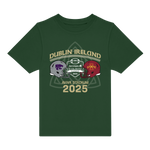 The Click & Collect Joint Team Kids T-shirt from College Football Ireland Store is a green tee with two football helmets (Kansas State & Iowa State), a shamrock, and Dublin Ireland, Aer Lingus College Football Classic 2025 text.