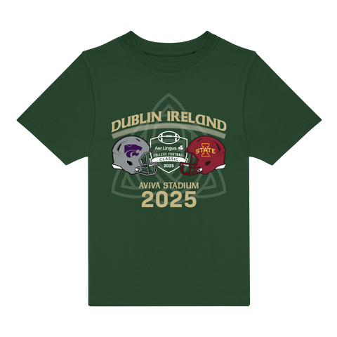 The Click & Collect Joint Team Kids T-shirt from College Football Ireland Store is a green tee with two football helmets (Kansas State & Iowa State), a shamrock, and Dublin Ireland, Aer Lingus College Football Classic 2025 text.