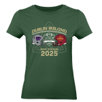 The Click & Collect Joint Team Ladies T-shirt from College Football Ireland Store is a green tee with two football helmets, Dublin Ireland, Aviva Stadium 2025 text, and Kansas State and Iowa State logos celebrating the college football classic.