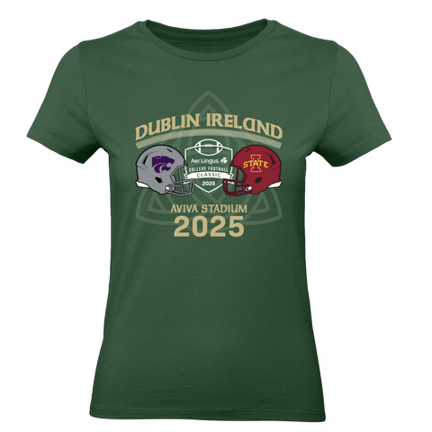 The Click & Collect Joint Team Ladies T-shirt from College Football Ireland Store is a green tee with two football helmets, Dublin Ireland, Aviva Stadium 2025 text, and Kansas State and Iowa State logos celebrating the college football classic.