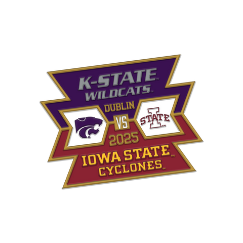 The Click & Collect Joint Team Pin Badge from College Football Ireland Store showcases K-State Wildcats vs. Iowa State Cyclones with both team logos, event details, and bold colors to celebrate the 2025 Dublin football game.