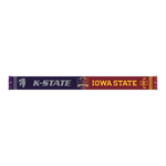 The College Football Ireland Store’s Click & Collect Joint Team Scarf features K-STATE in purple and IOWA STATE in red and gold on opposite sides, with a bold bowl game emblem at the center—ideal for fans of both teams.
