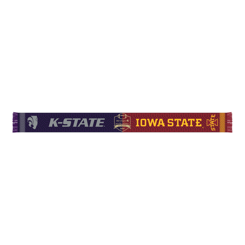The College Football Ireland Store’s Click & Collect Joint Team Scarf features K-STATE in purple and IOWA STATE in red and gold on opposite sides, with a bold bowl game emblem at the center—ideal for fans of both teams.