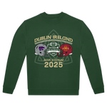 The Click & Collect Joint Team Sweatshirt by College Football Ireland Store is a green top with purple and red football helmets facing off above Dublin Ireland, Aviva Stadium, and 2025 for the Dublin college football game.
