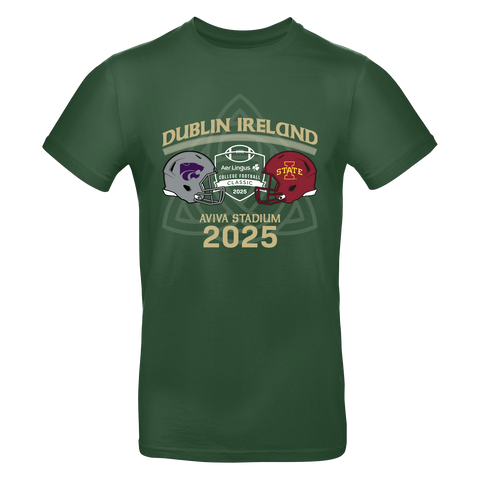 The Click & Collect Joint Team T-shirt from College Football Ireland Store is a green shirt with Kansas State Wildcats and Iowa State Cyclones helmets, plus “Dublin Ireland, Aer Lingus College Football Classic, Aviva Stadium 2025” text.