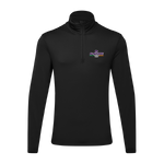 The Click & Collect K-State Charcoal Mens 1/4 zip by College Football Ireland Store features a black long-sleeve design with a stand-up collar and K-State logo with K-STATE RECS in purple and white on the left chest.