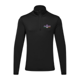The Click & Collect K-State Charcoal Mens 1/4 zip by College Football Ireland Store features a black long-sleeve design with a stand-up collar and K-State logo with K-STATE RECS in purple and white on the left chest.