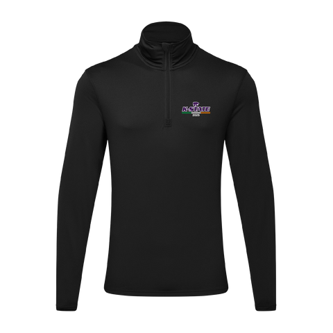 The Click & Collect K-State Charcoal Mens 1/4 zip by College Football Ireland Store features a black long-sleeve design with a stand-up collar and K-State logo with K-STATE RECS in purple and white on the left chest.