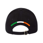 Back view of the Click & Collect K-State Black Cap by College Football Ireland Store, featuring a green, white, and orange curved stripe above the adjustable strap, evoking the Irish flag.