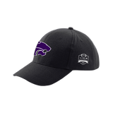 The Click & Collect K-State Black Cap by College Football Ireland Store features a bold purple wildcat logo on the front and a side patch with “Surgeon & Outlaw Bowl 2023” and a football icon.